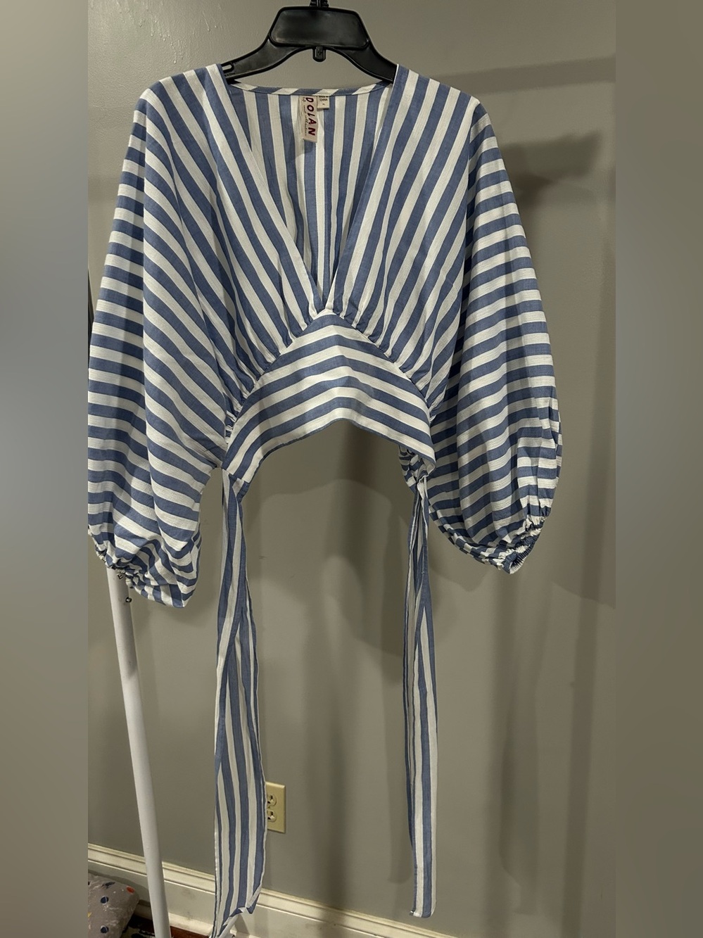 dolan Blue & White Striped Cropped Tie-Front Blouse